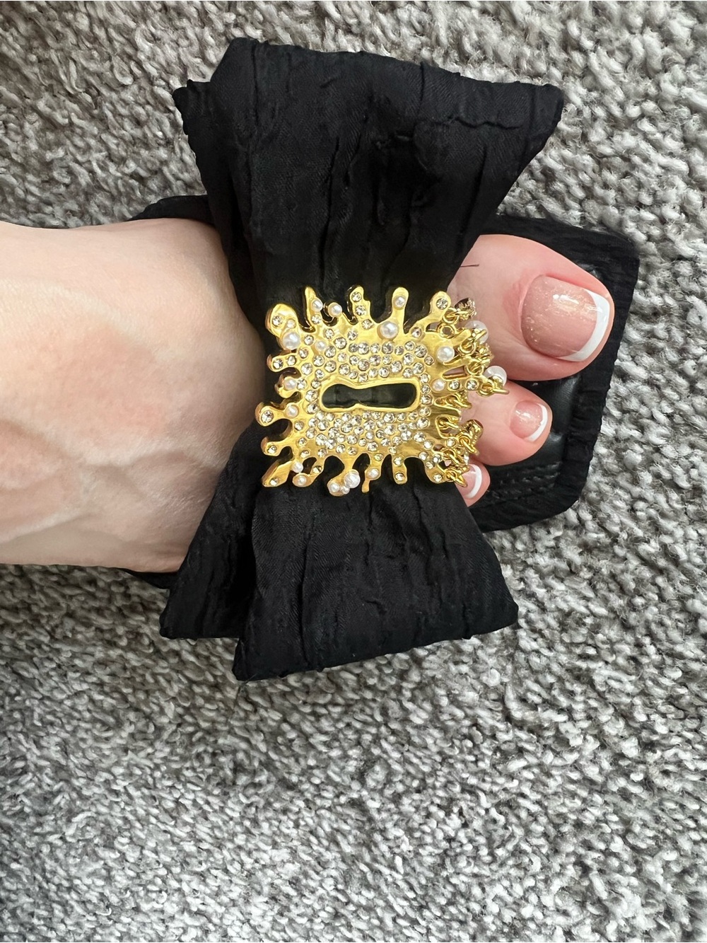 Black Bow Slide Sandal with Gold Crystal Burst Accent